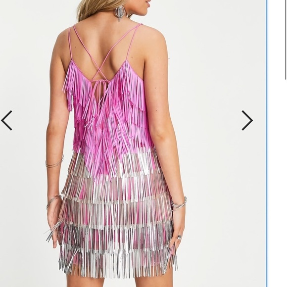 ASOS Design Cami Mini Dress with Embellished Tassels in Pink and Silver Size 0 - Picture 4 of 14